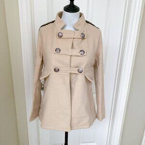 New Lady Women Beige Soft Fleece Retro Military Style Short Jacket Coat